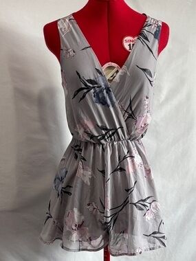 Sleeveless Gray Floral Wrap Mini Dress